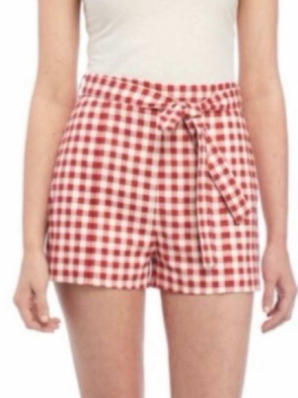 Wayf Red Gingham High-Waist Tie-Front Shorts